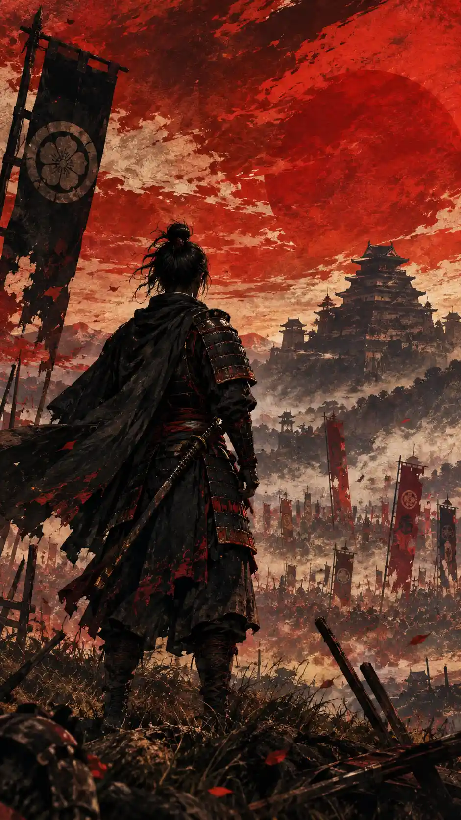 Um samurai faz uma pausa em um campo de batalha varrido pelo vento sob um céu vermelho