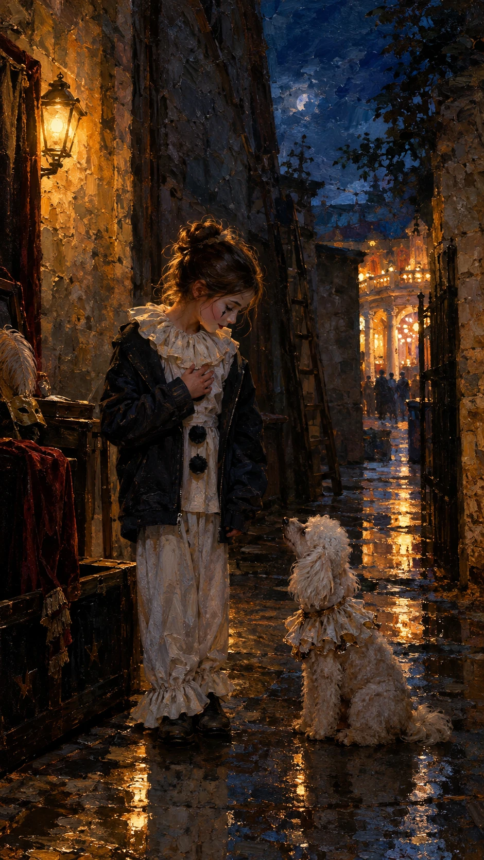 Un jeune artiste et un caniche partagent un moment paisible dans la cour d’un théâtre
