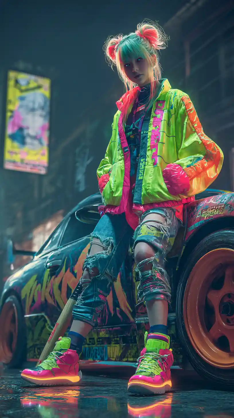 Garota cyberpunk encostada a um carro grafitado em um beco neon