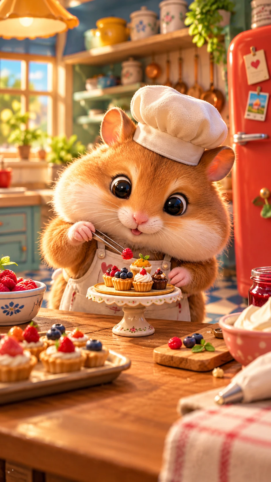 A chef-hat hamster arranges tiny pastries in a colorful kitchen