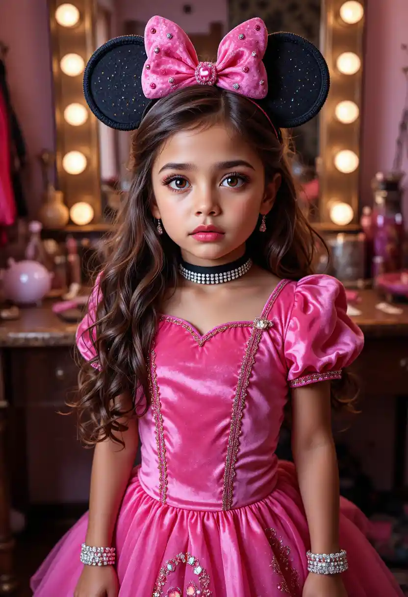 A nervous boy in a Minnie Mouse princess costume stands before a vanity