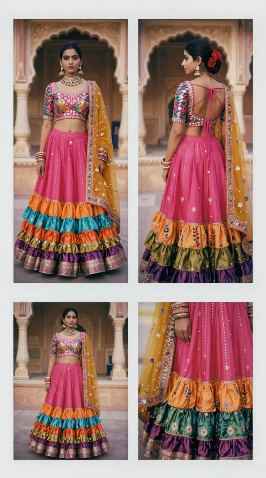 Uma jovem indiana com um lehenga colorido em um palácio do Rajastão