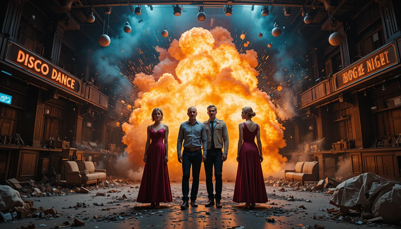 Four adults stand still in a dance hall as flames engulf the background