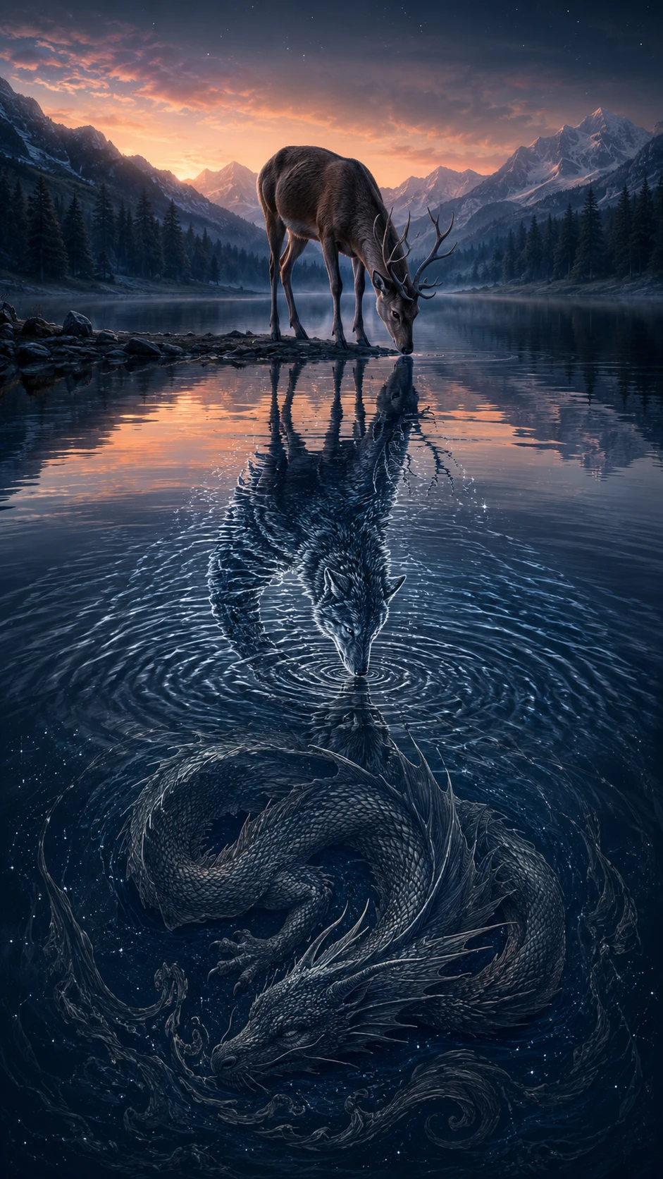 Un cerf solitaire au bord d’un lac paisible au crépuscule