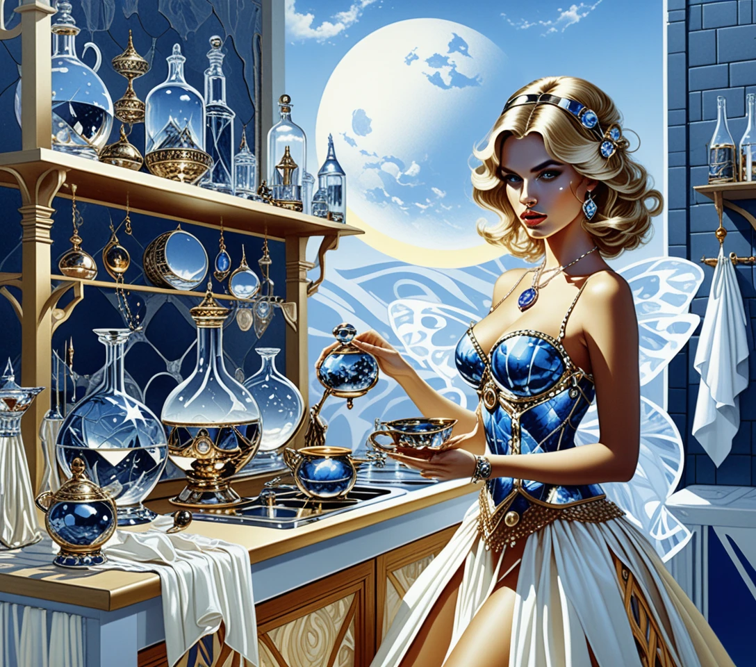 A blonde witch tends her castle kitchen among potion bottles and cauldrons