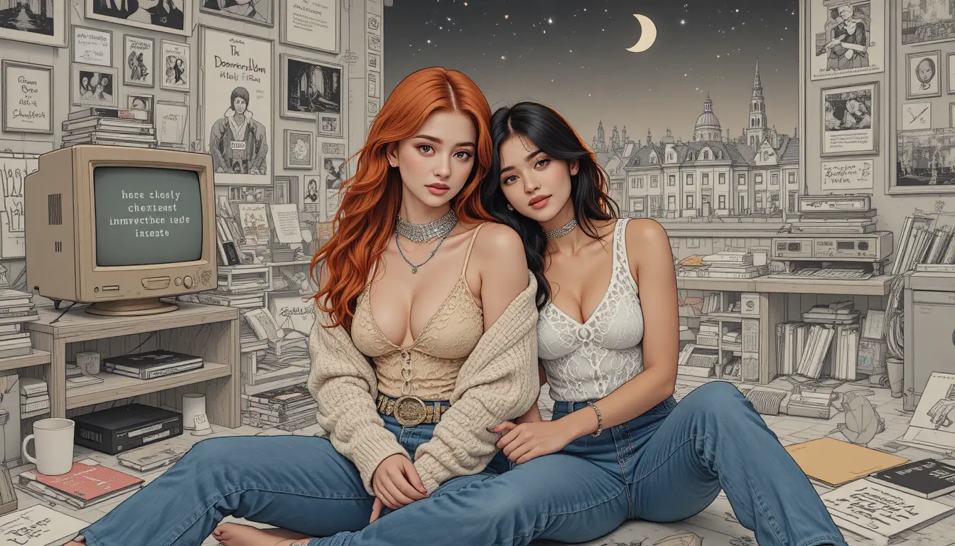 Two Young Women Lean Together in a Nostalgic Collage Room
