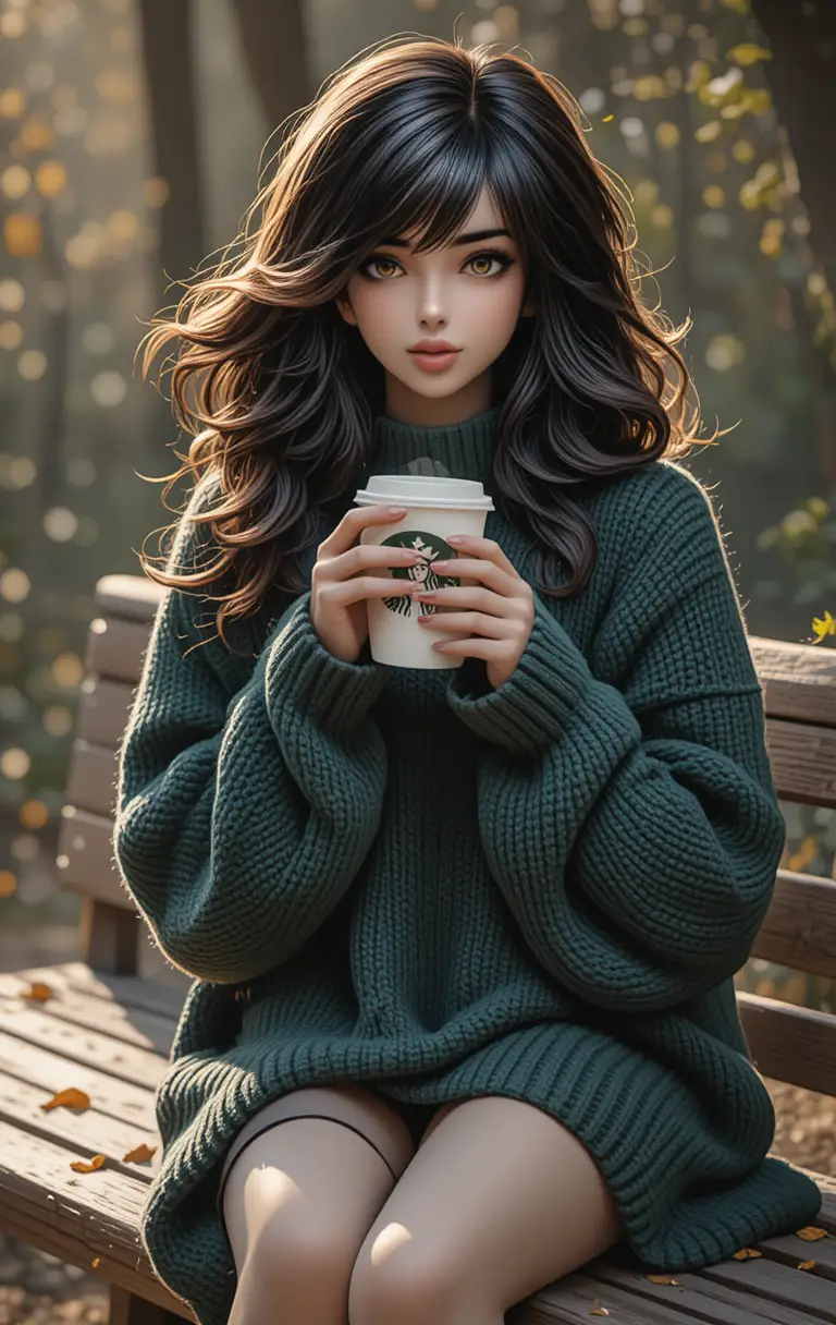A Young Woman Sips Coffee On A Bench In Morning Sunlight