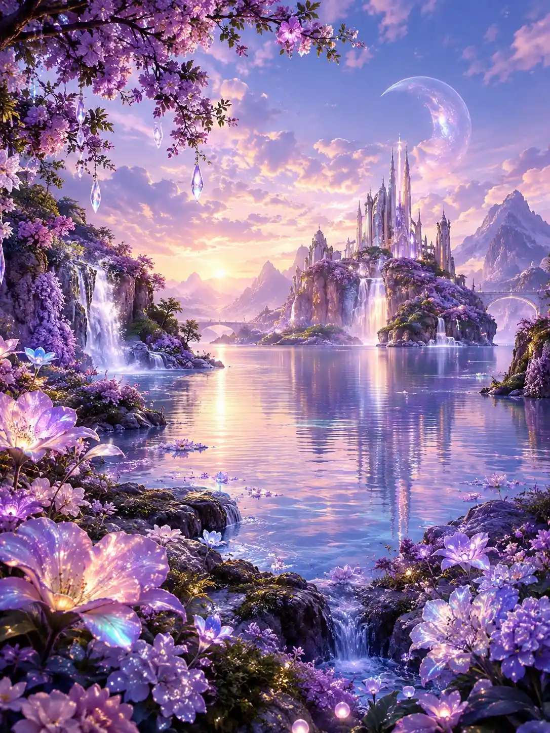 A bioluminescent floral dreamscape in a balanced, centered landscape
