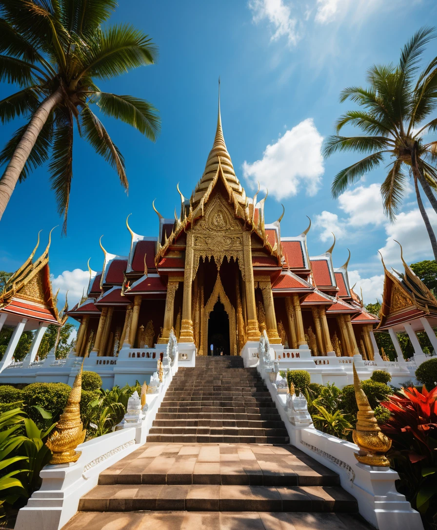 Um templo budista tradicional tailandês sob um céu azul radiante