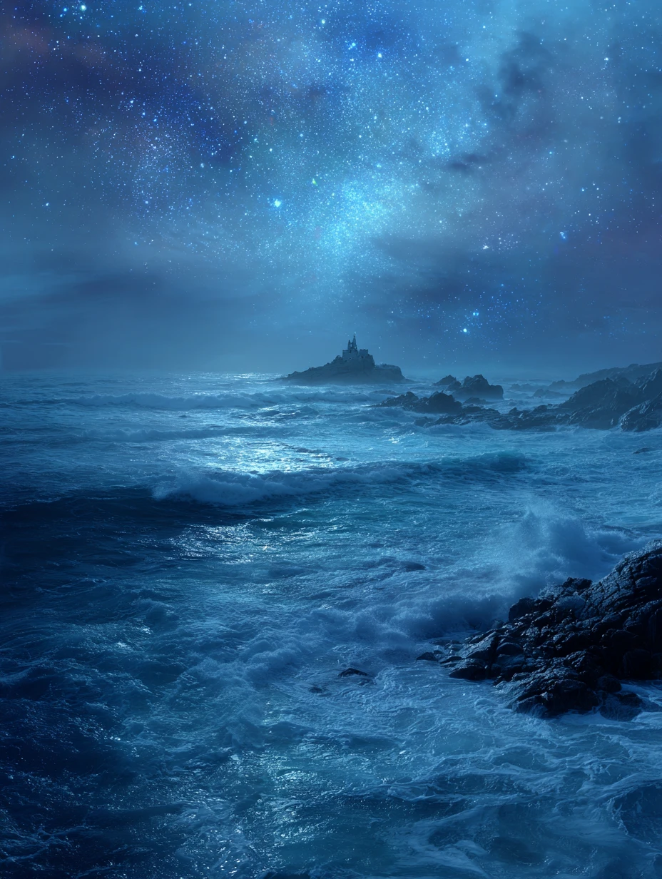 Midnight ocean tides and falling stardust beneath the blue sky
