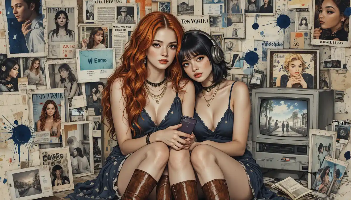 Dos jóvenes comparten un momento tranquilo en un collage Y2K