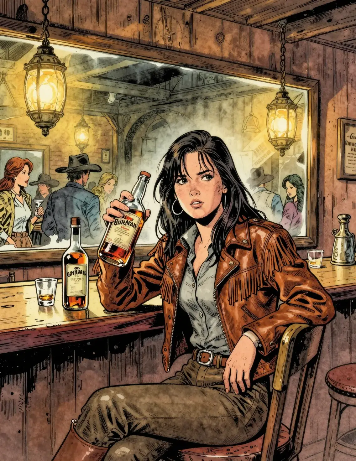 Calamity Jane Sits at a Bar in an 1880s Saloon