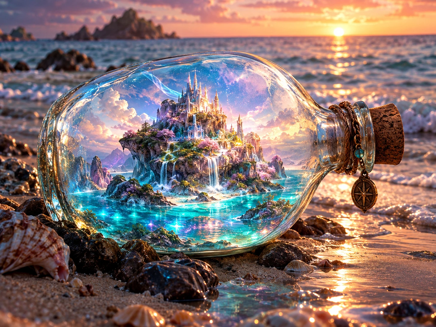 A fairytale island rests inside a glass bottle on an abandoned beach