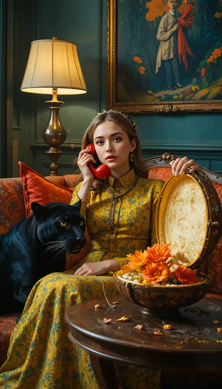 A woman reclines on a velvet sofa with a red telephone