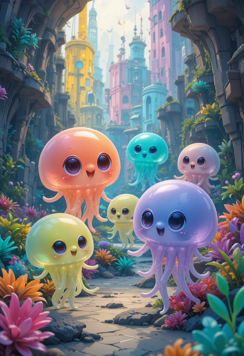 Personagens translúcidos de gelatina exploram uma colorida cidade subaquática