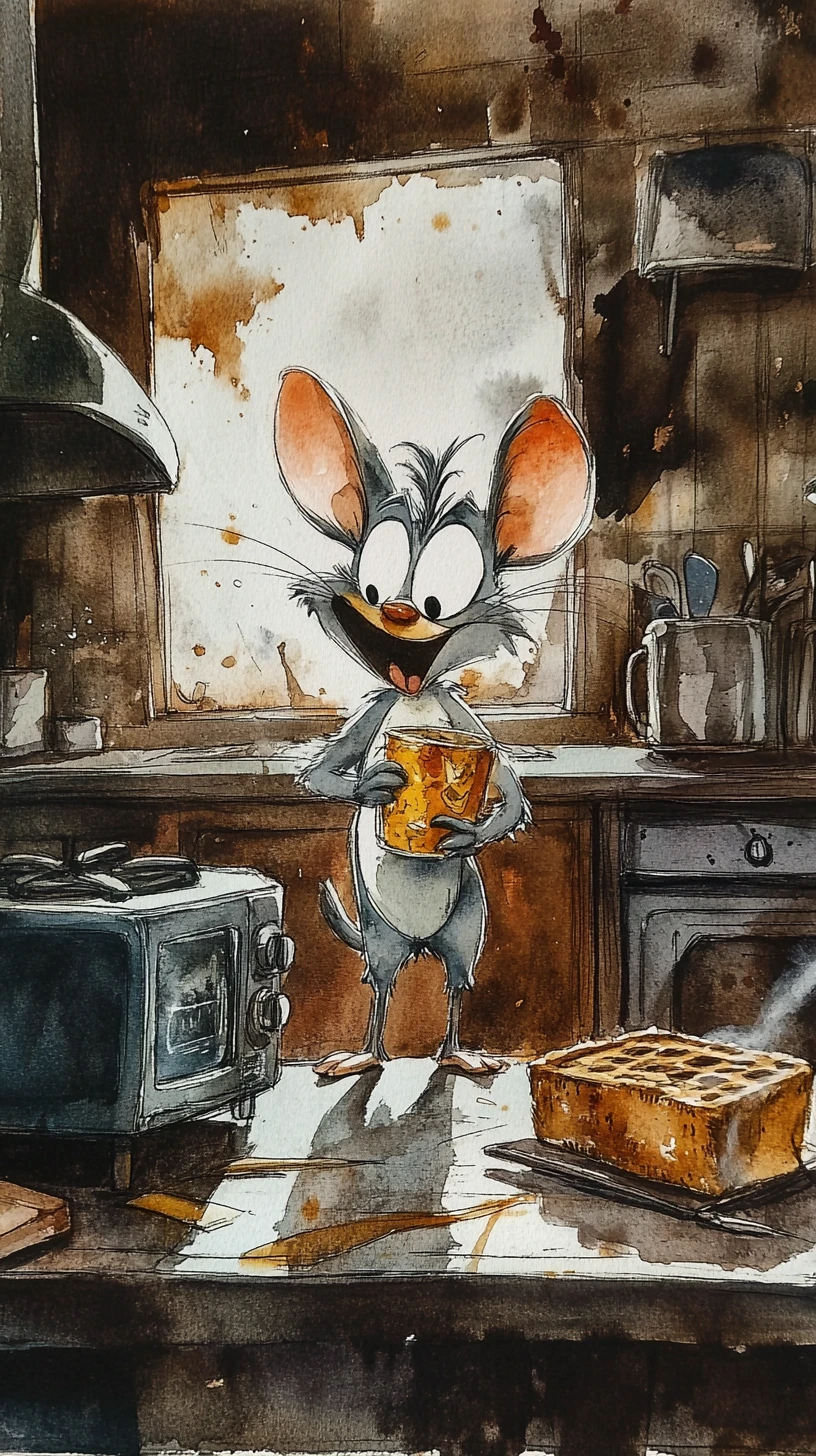 Tom und Jerry in einer Küchenszene im Aquarell-Comicstil