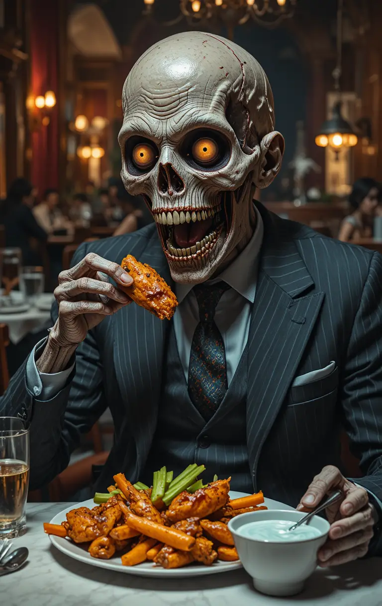 A zombie in a pinstripe suit eats buffalo wings at a restaurant