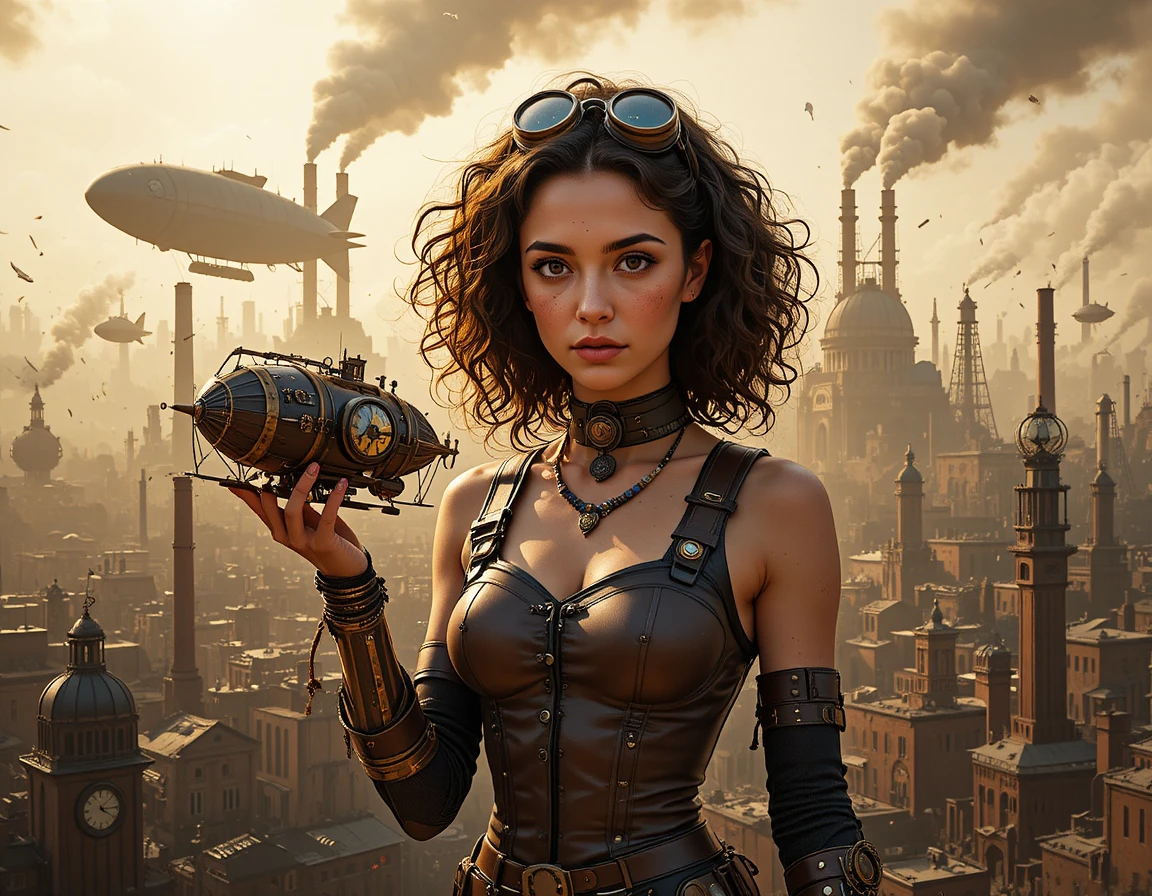 Une jeune femme déterminée tient un dirigeable miniature dans une ville steampunk