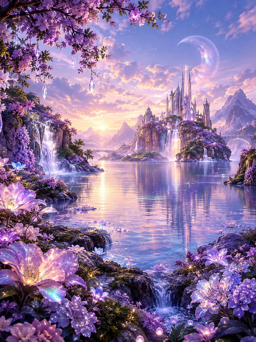 A bioluminescent floral dreamscape in a balanced, centered landscape