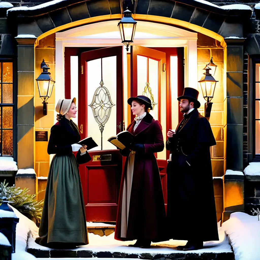 Victorian carol singers gather beside a snowy English townhouse doorway