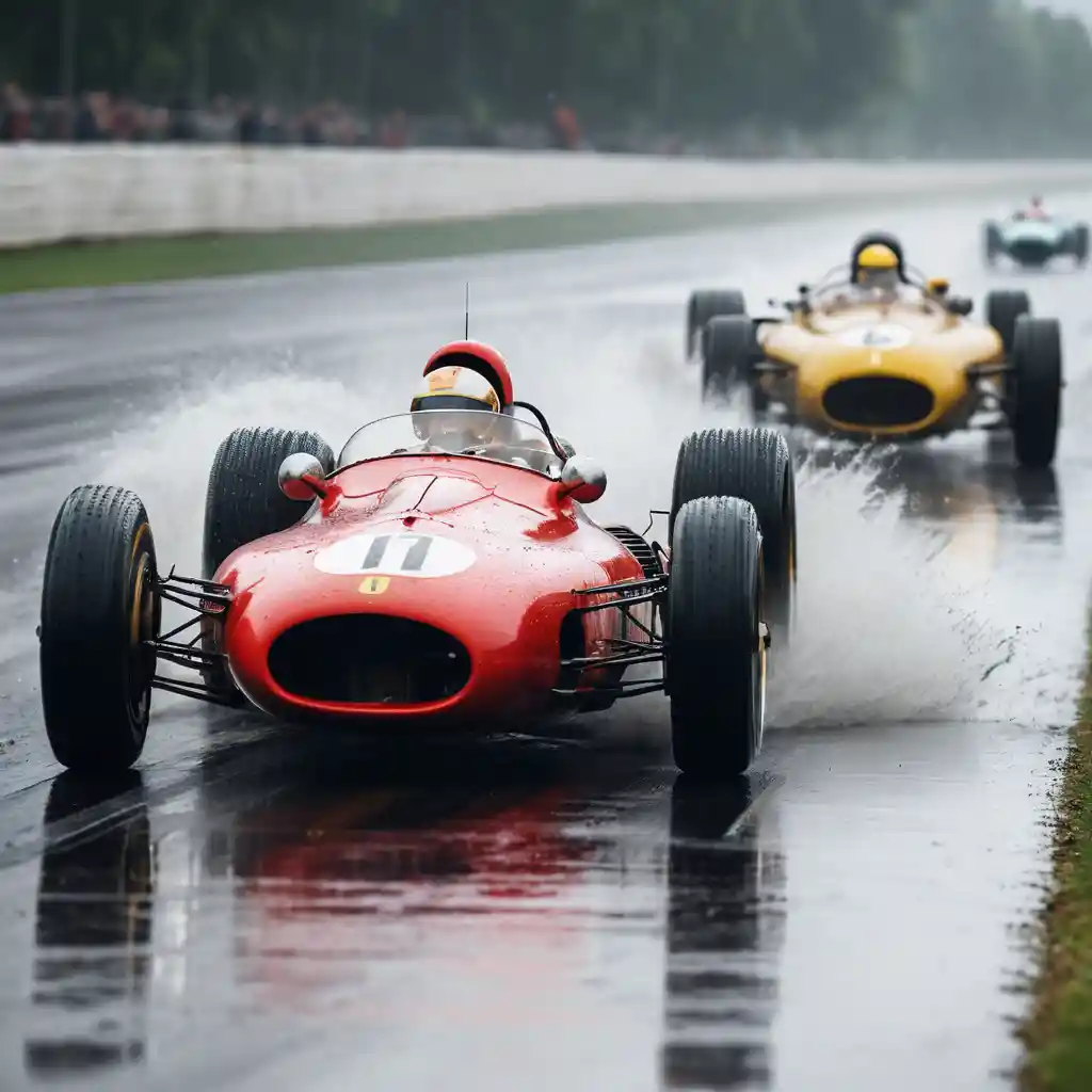 Carros de Fórmula 1 dos anos 1950 aceleram numa pista molhada, levantando uma nuvem de água