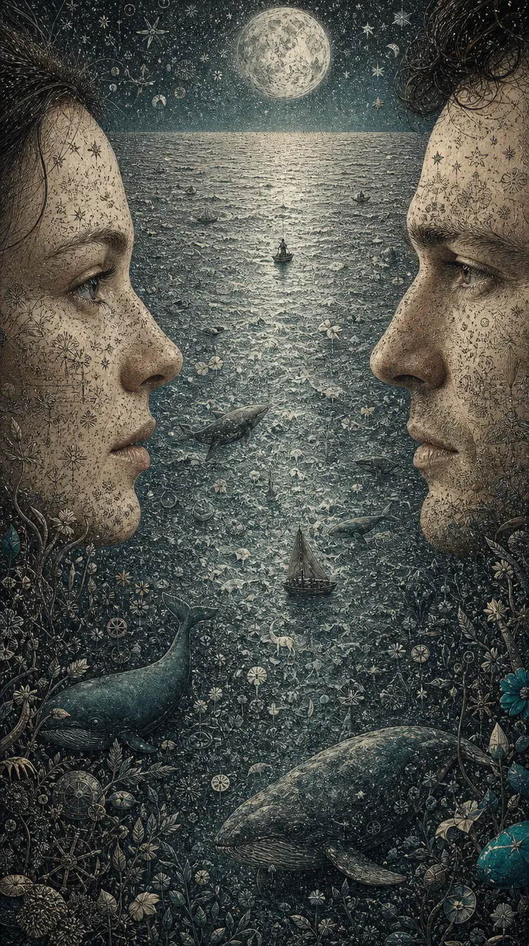 Facing Profiles Frame a Symbolic Ocean Filled with Whales and Tiny Boats