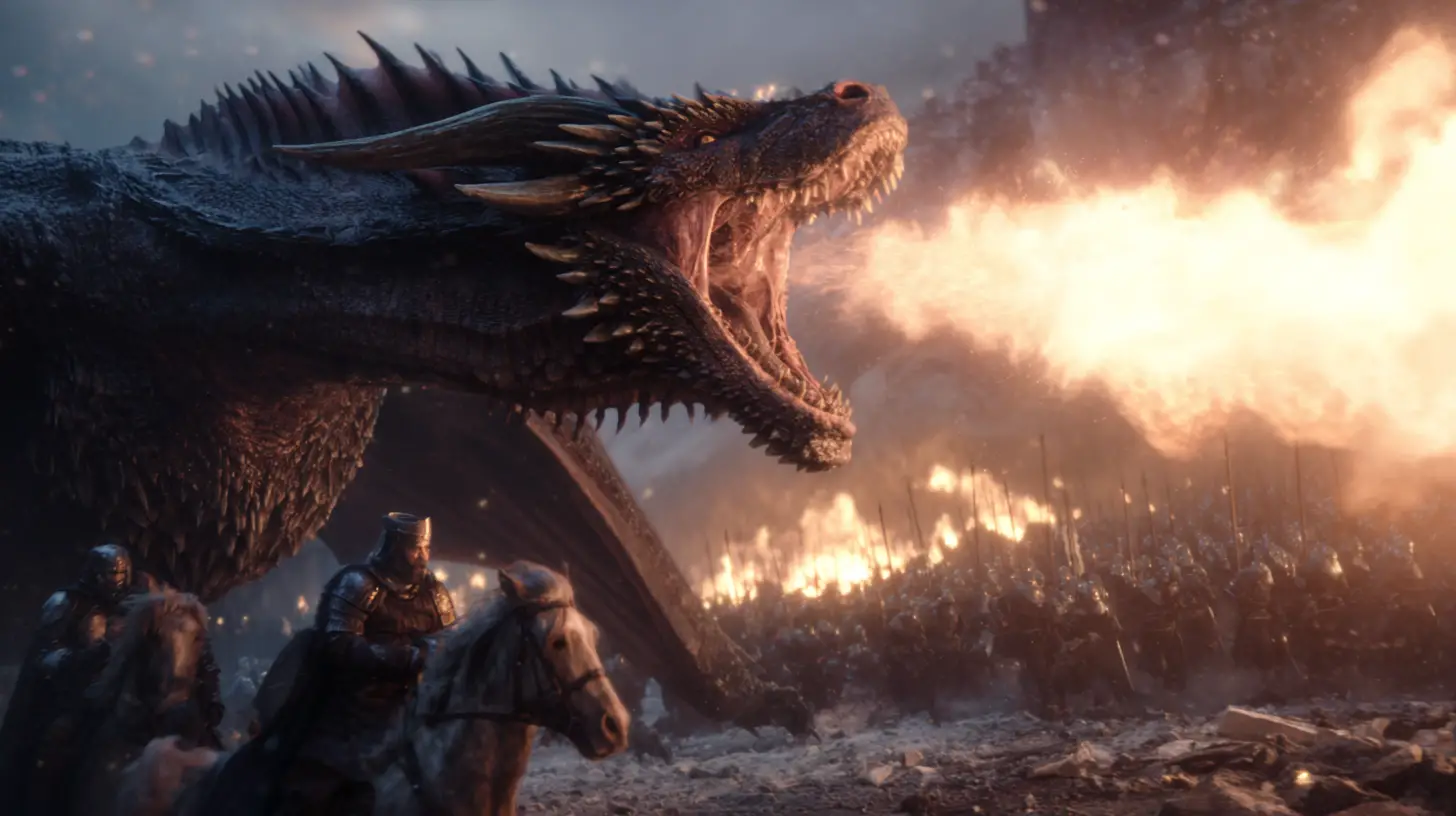 A dark dragon unleashes fiery breath while soaring across the sky