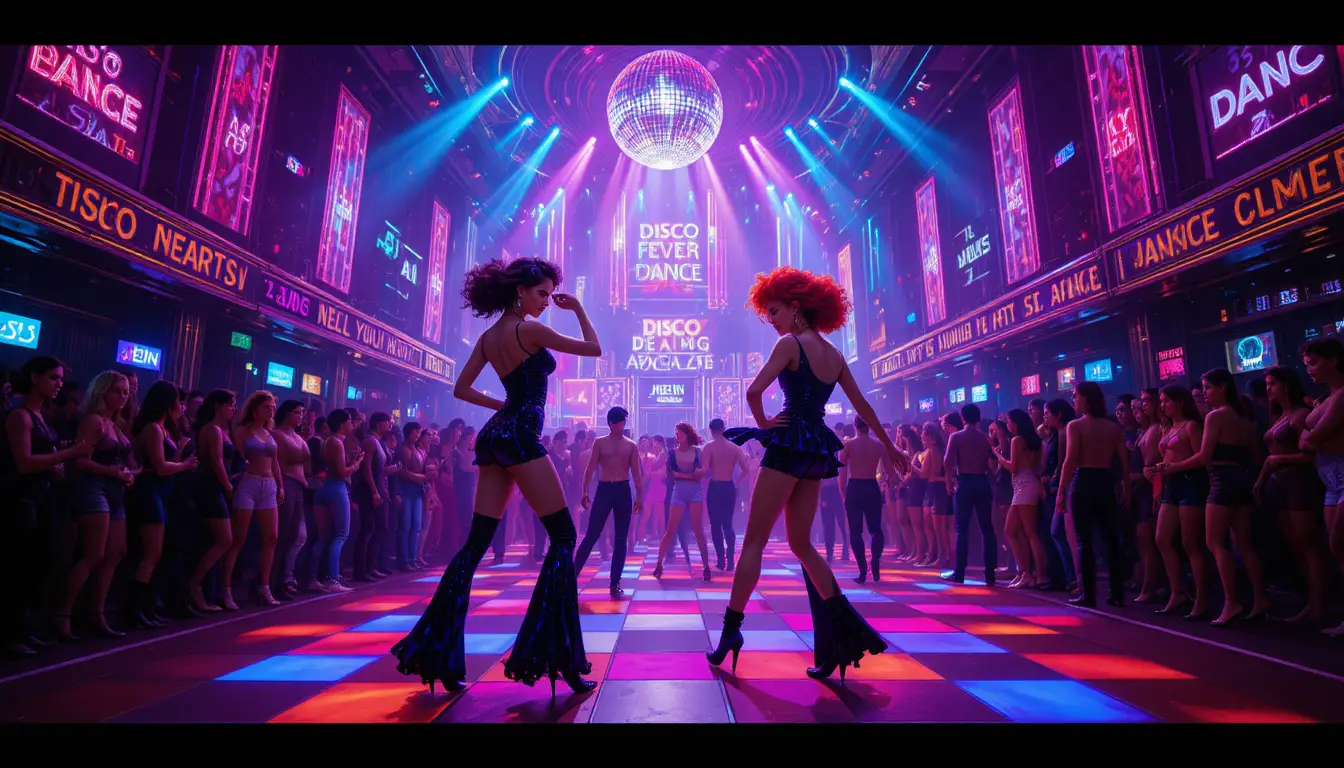 Los bailarines llenan una discoteca colorida bajo una bola de espejos centelleante