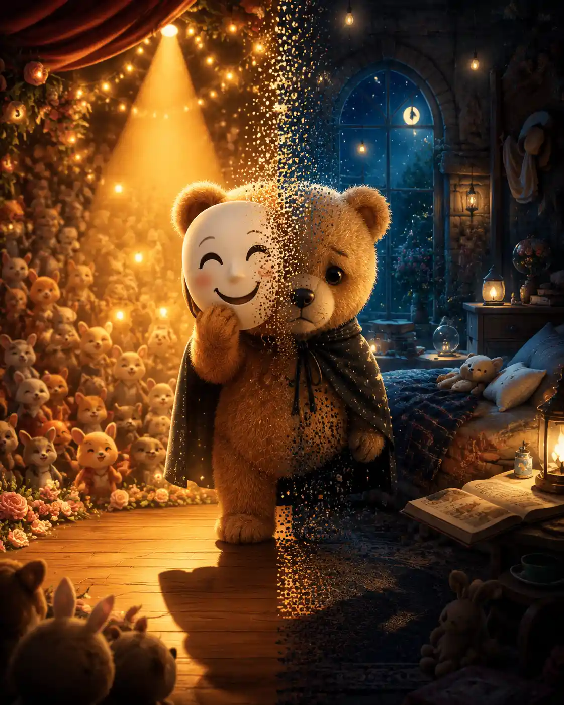 Un ours entre une scène de théâtre animée et une chambre paisible
