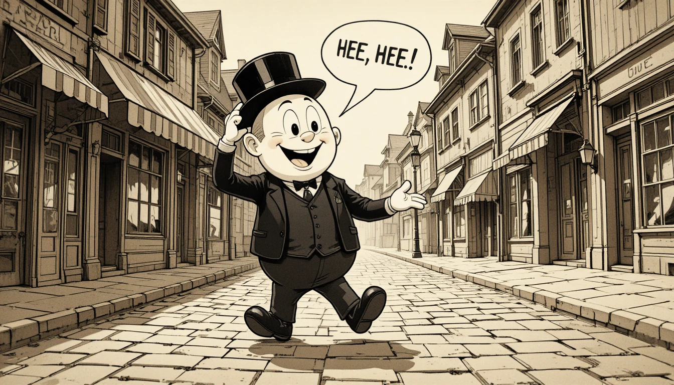 Um personagem de desenho animado alegre cumprimenta com seu chapéu-coco em uma rua da cidade