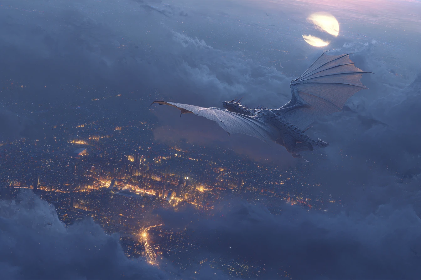 A metropolis glows beneath the moon at twilight