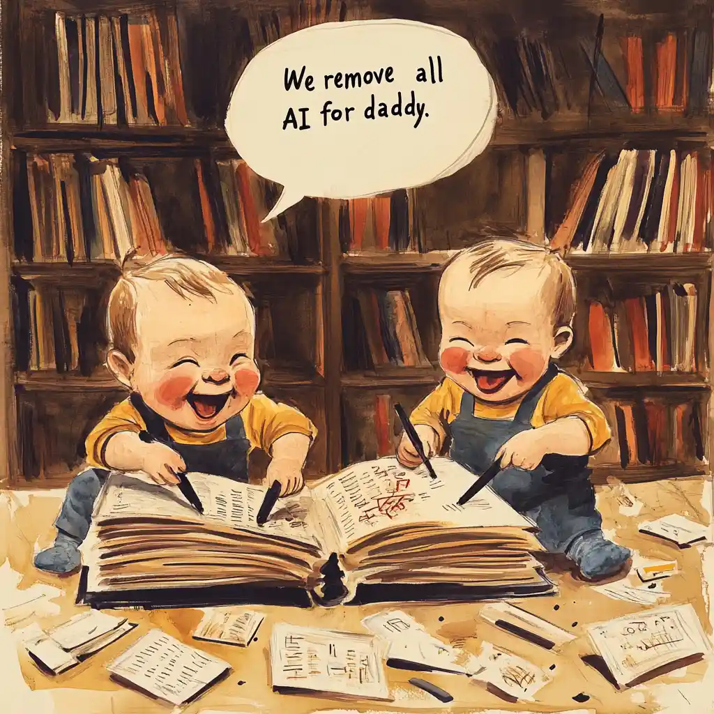 Dois bebés sorridentes rabiscam em livros enormes numa biblioteca divertida