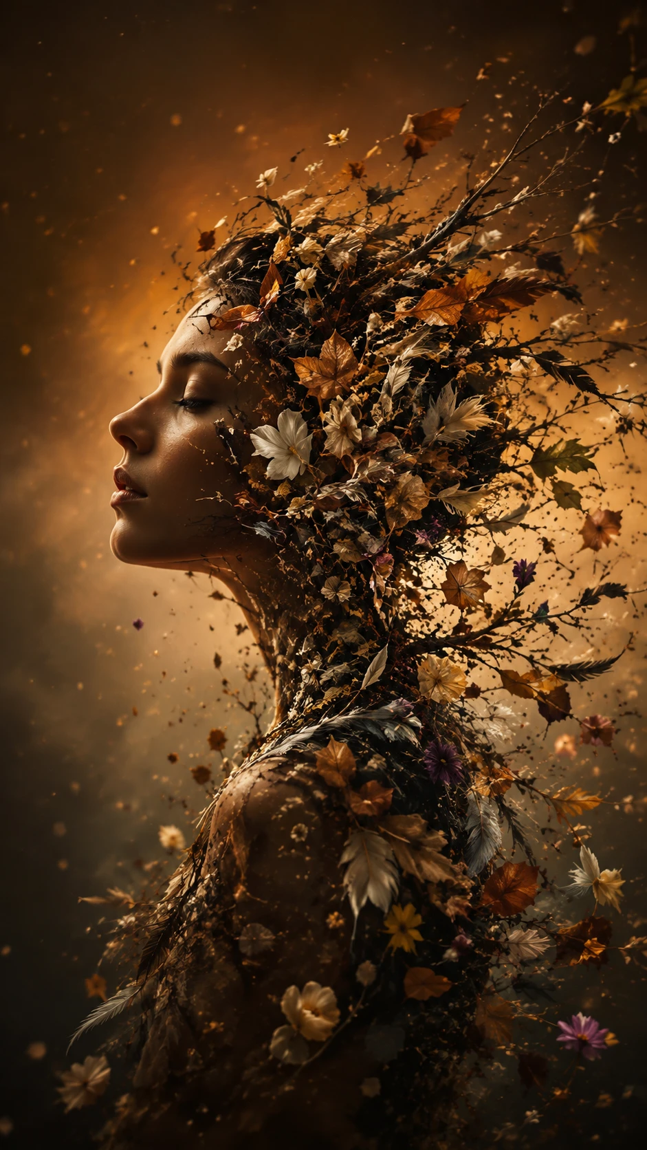O perfil de uma mulher se dissolve em folhas, pétalas, penas e galhos