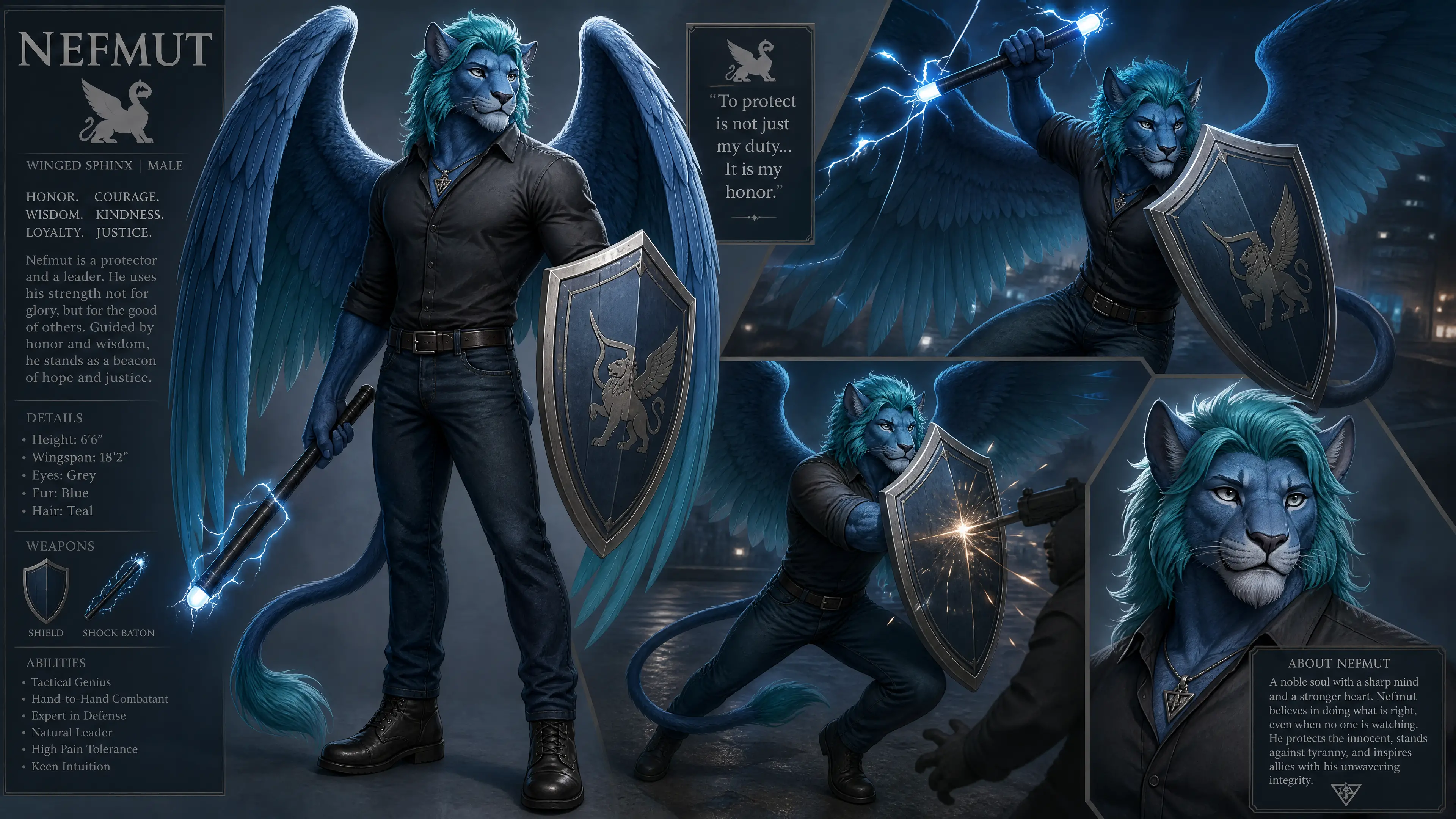 Eine geflügelte blaue Sphinx mit türkisfarbenem Haar trägt ein Hemd und Jeans