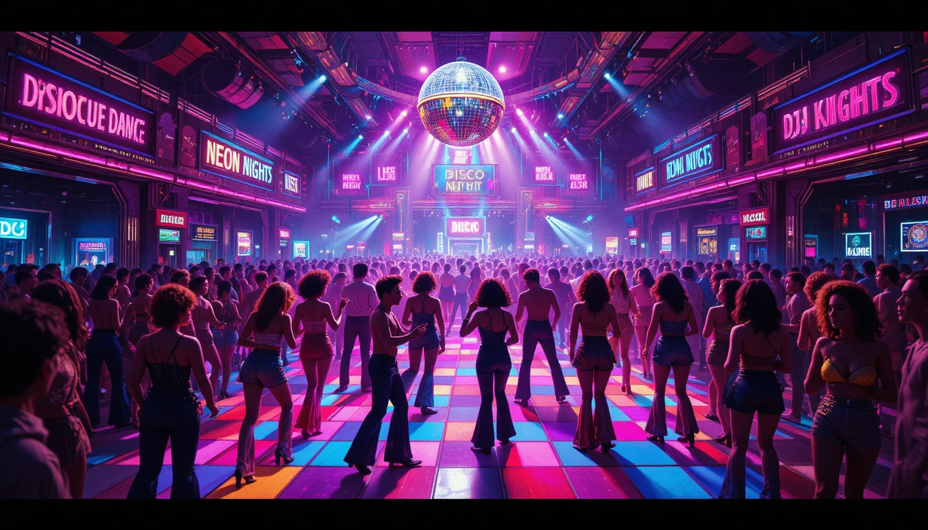Dancers fill a glowing disco club beneath a glittering disco ball