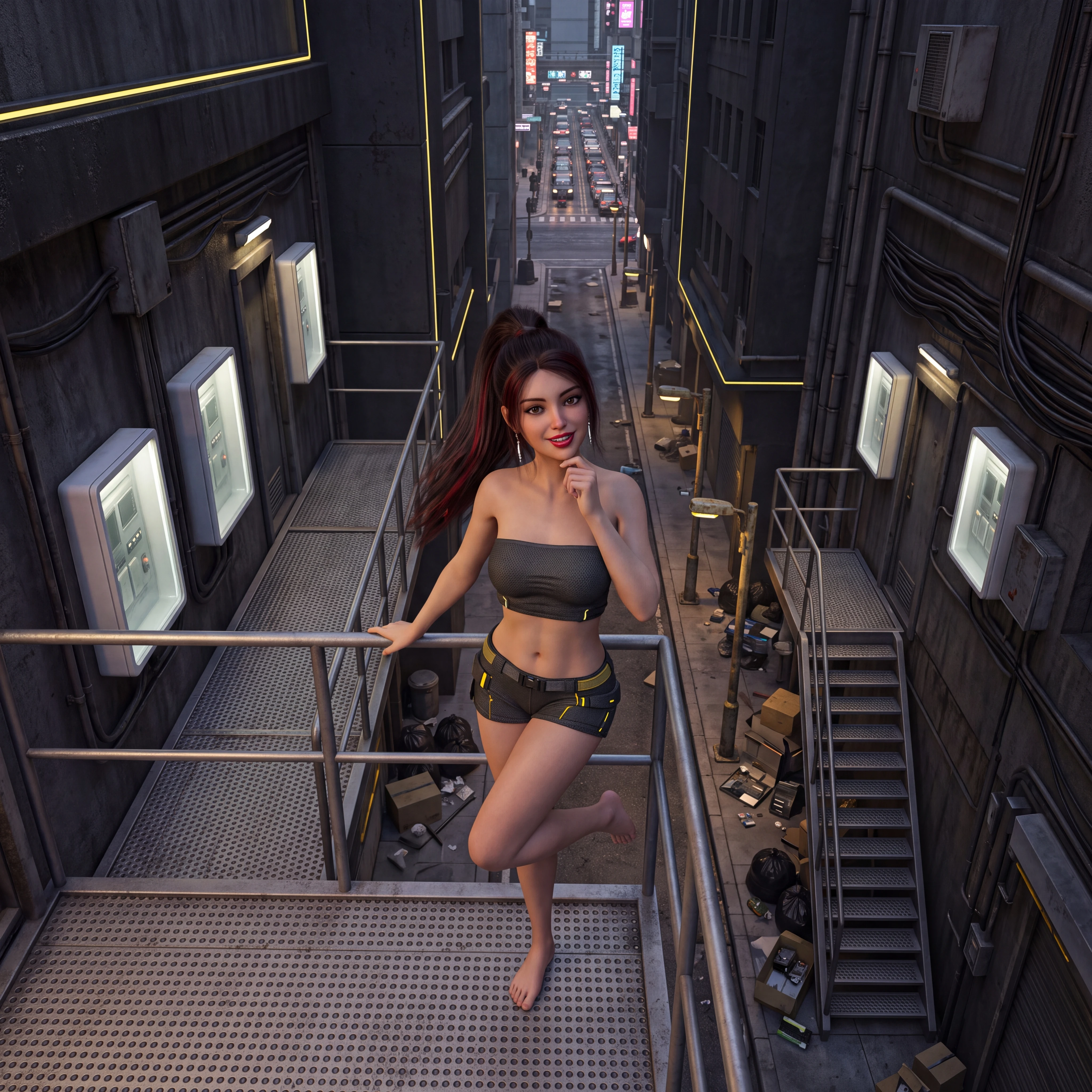 Eine junge Frau posiert in futuristischem Outfit über einer Cyberpunk-Gasse