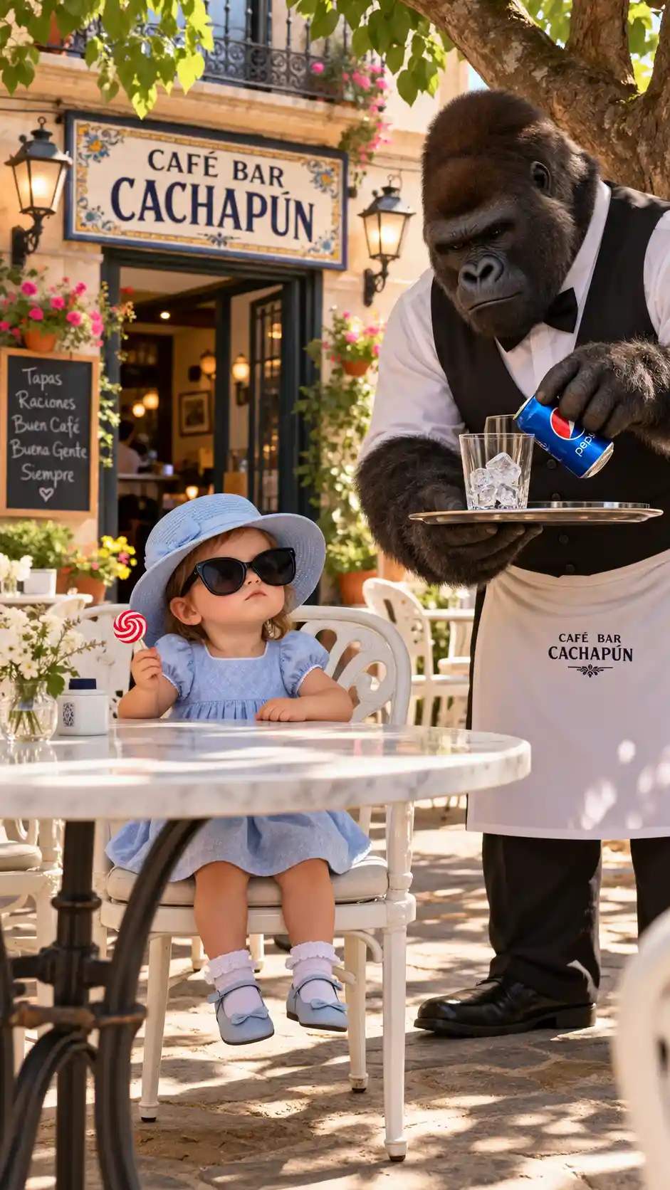 Uma menina está sentada na esplanada de um café com óculos de sol pretos oversized