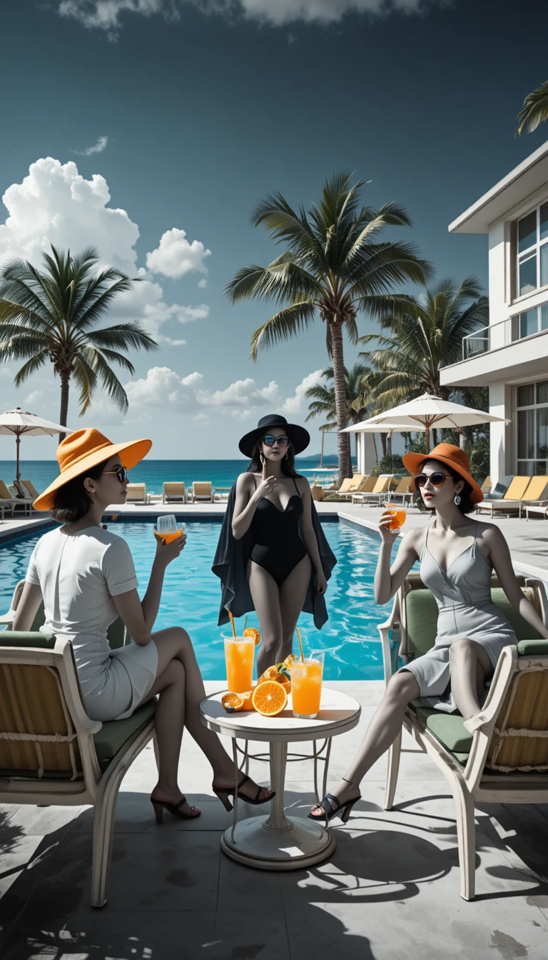 Drei Frauen entspannen am Pool mit Hüten, Sonnenbrillen und bunten Getränken