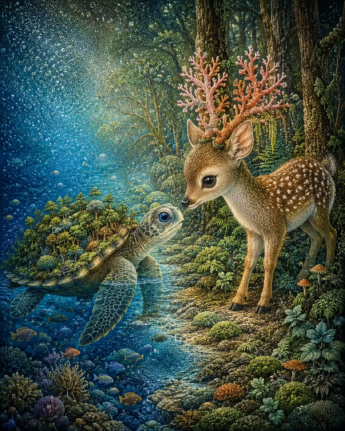 Uma tartaruga marinha e um filhote de cervo se encontram em uma costa oceânica surreal