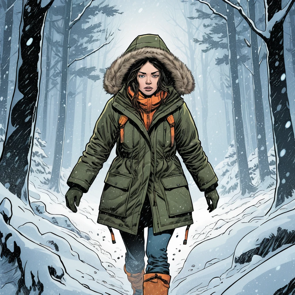 一名穿著厚重派克大衣的女子，在森林暴風雪中艱難前行