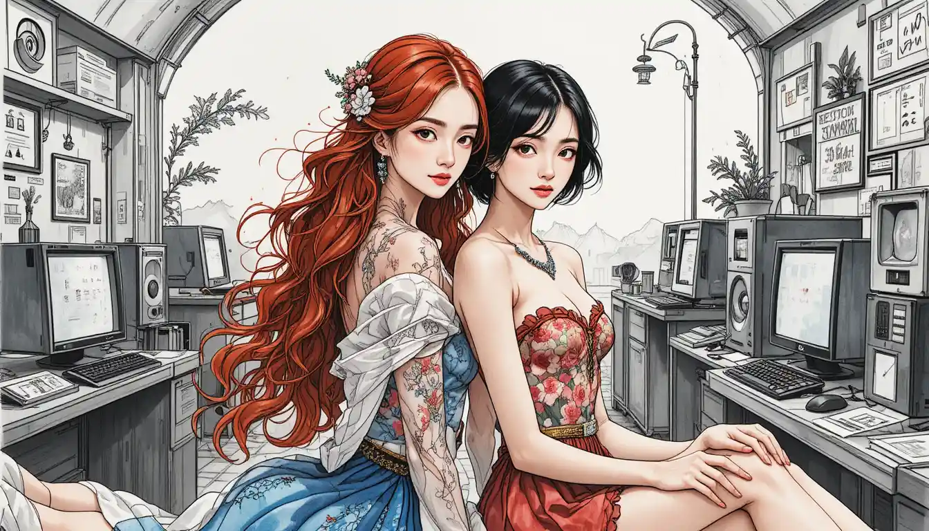 Due giovani donne appaiono come una coppia in un'illustrazione ad acquerello degli anni 2000