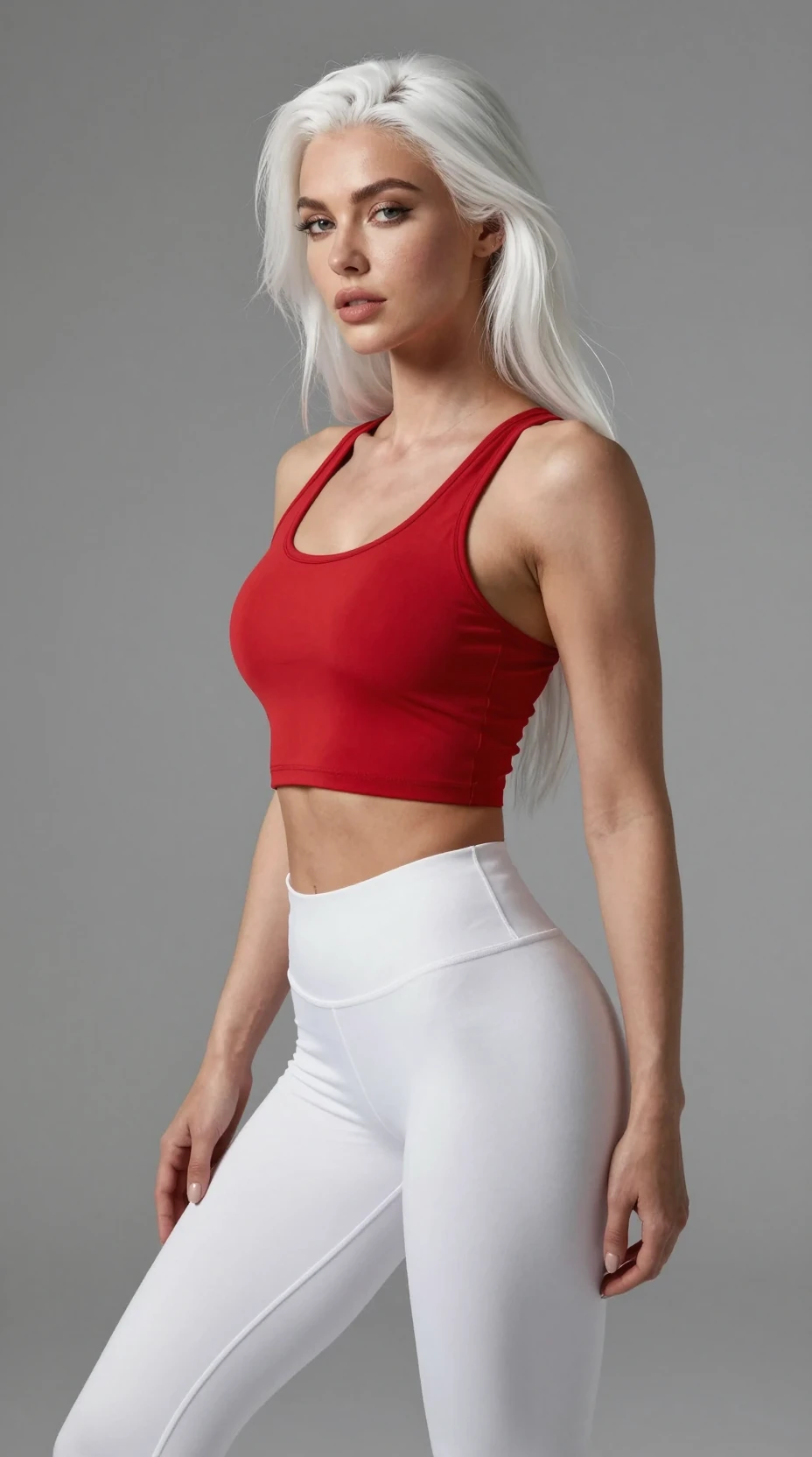 A young woman with white hair wears a red tank top and white yoga pants