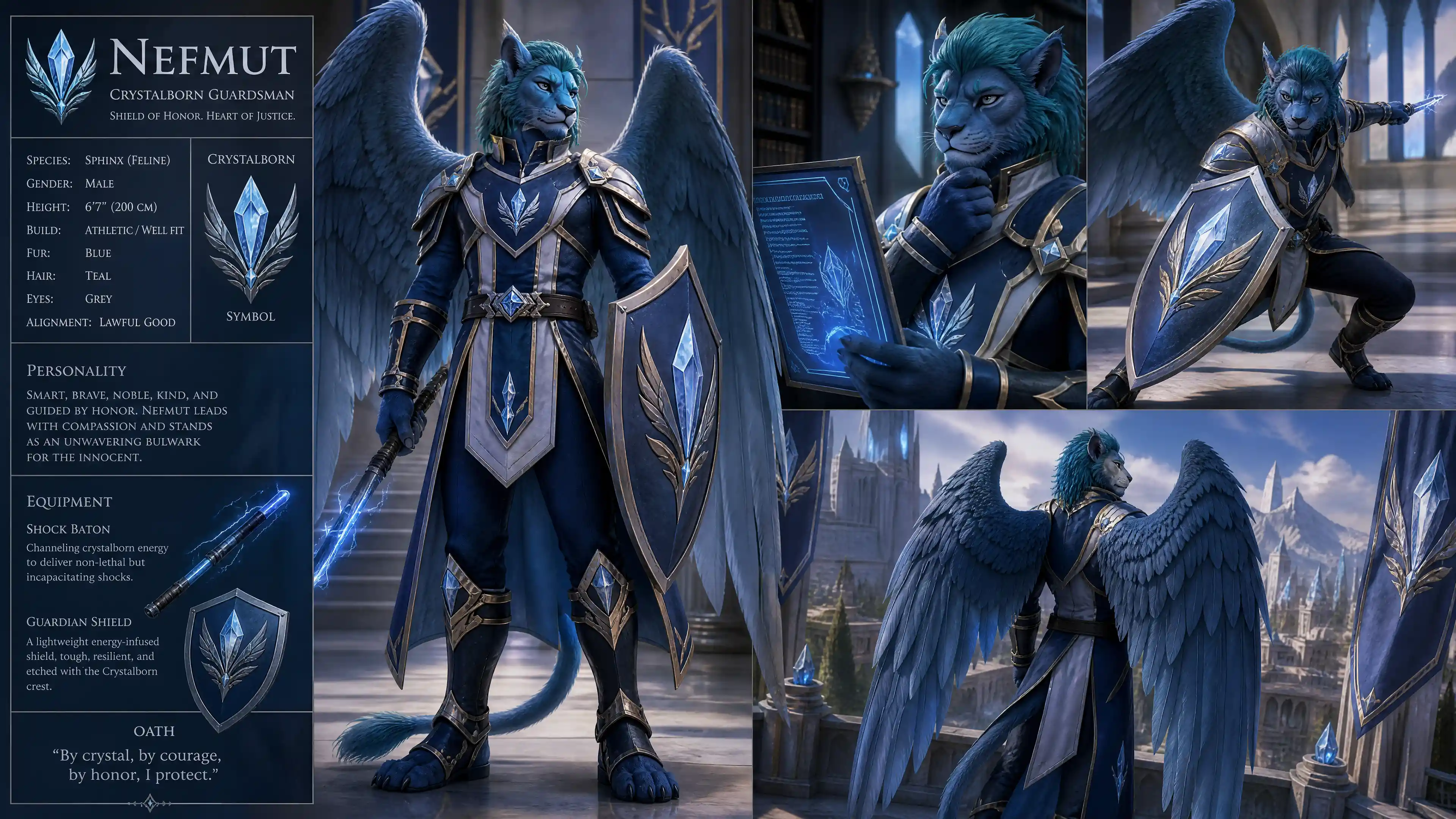 Ein geflügelter blauer Sphinx-Wachmann in königlicher Uniform und Stiefeln