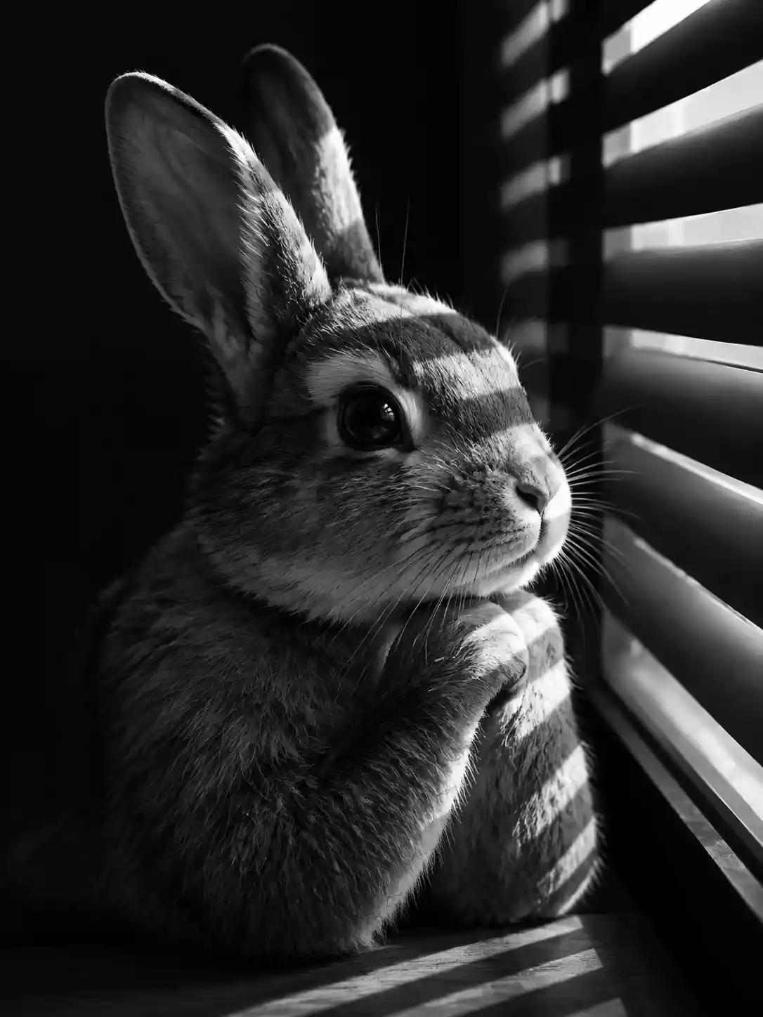 A contemplative rabbit portrait in a dark studio
