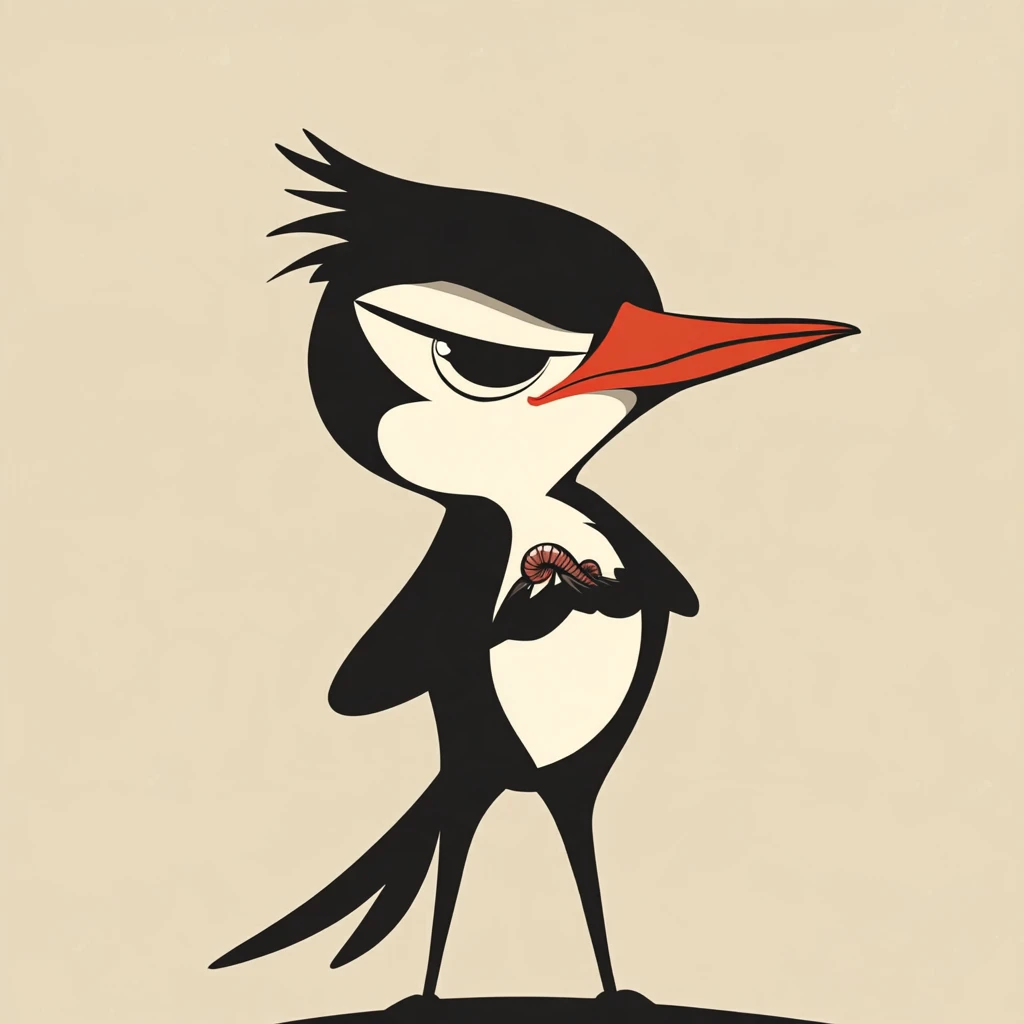 Um pássaro de desenho animado presunçoso segura metade de uma minhoca no bico