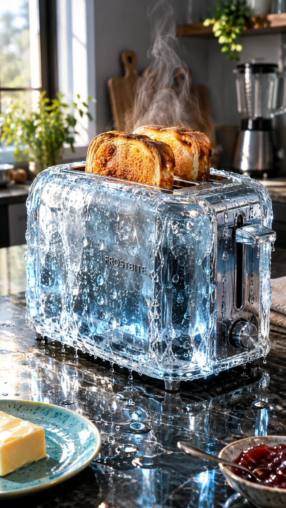 Ein kristallklarer Toaster lässt goldbraunen Toast in einer surrealen Küche hervorspringen