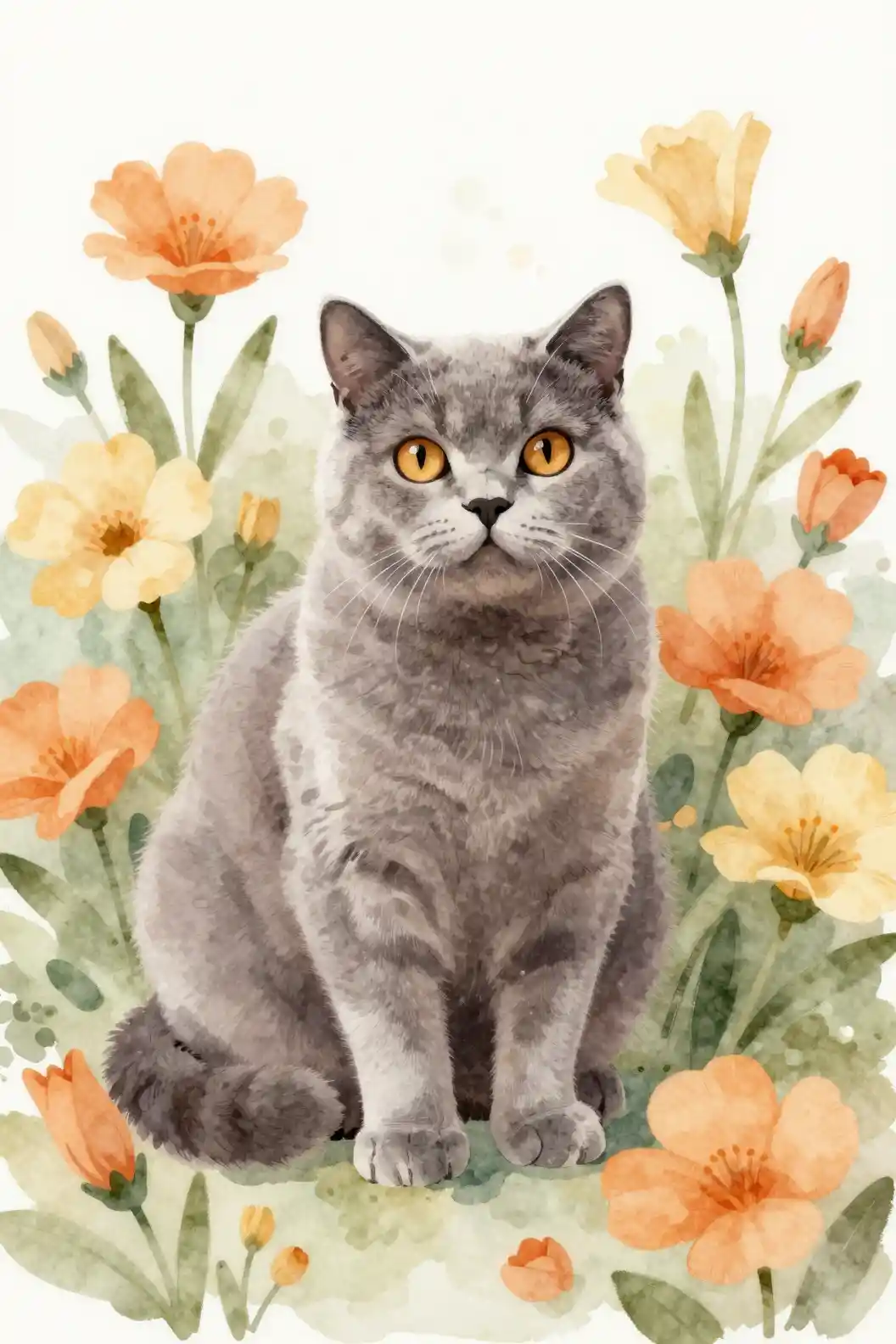 A gray British shorthair cat among muted orange and yellow flowers