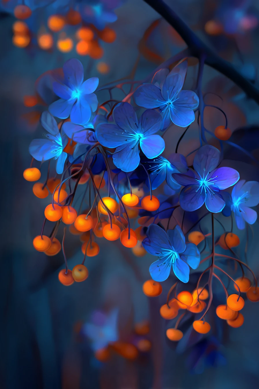 Leuchtend blaue Blumen und orange Beeren vor rissigem Hintergrund