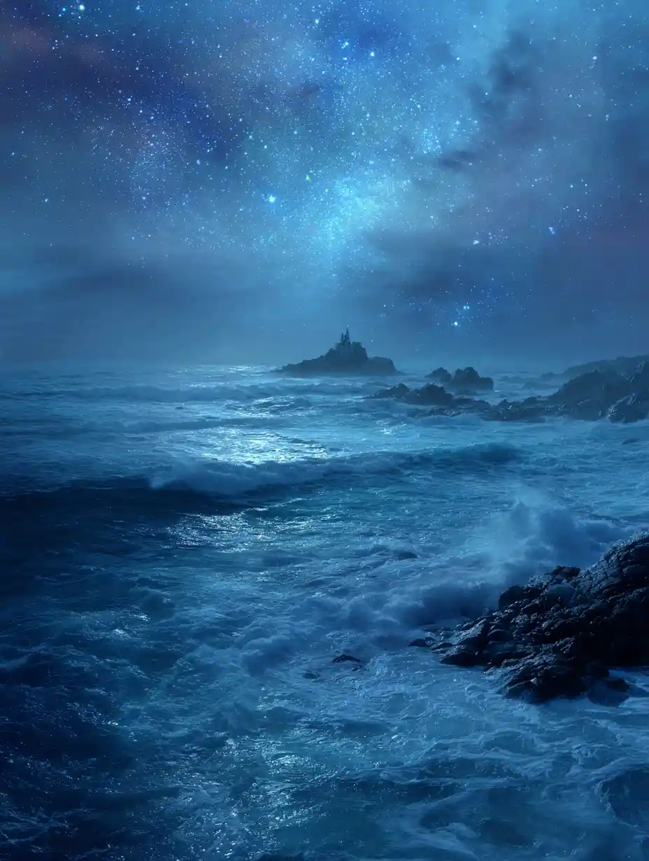 Midnight ocean tides and falling stardust beneath the blue sky