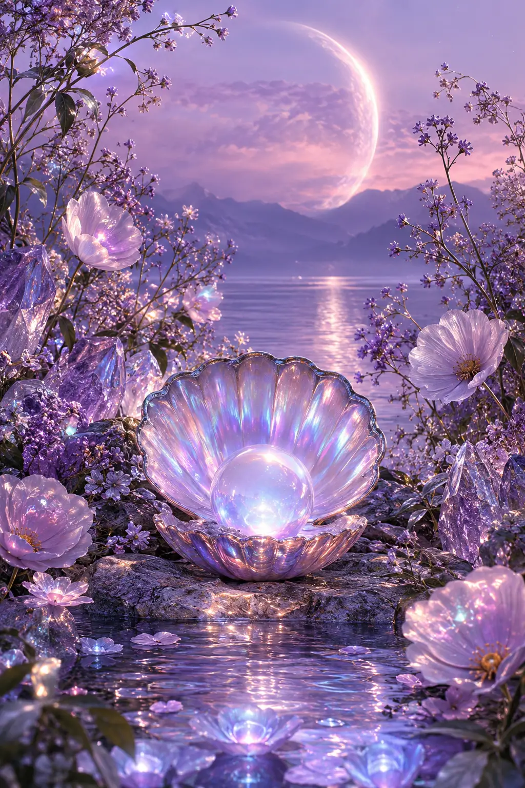 Uma serena paisagem de sonho com flores delicadas e iridescência bioluminescente